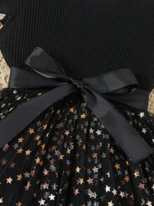 SHEIN 黑色肋條緞帶與蓬蓬紗裙輕網紗滿天星浮雕青少女公主風裝 - 黑色 - 查看 5
