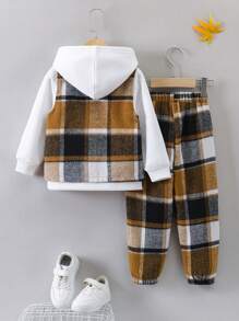 SHEIN 纯色男童连帽衫和格子背心及慢跑裤套装 - 白色 - 查看 2