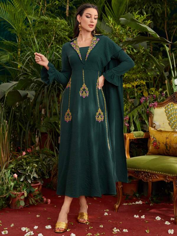 Divindia Damenkleid Mit Blumenstickerei Und Glockenärmeln