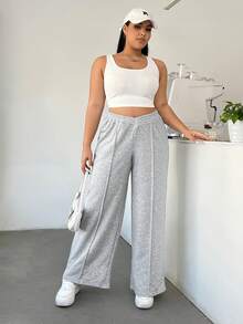 SHEIN EZwear Plus Size Knitted Wide Leg Sweatpants - Grey - View 3