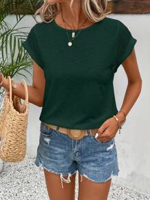 SHEIN Frenchy Màu thuần Ngắn tay Áo thun Với Ren Nối - Màu xanh lá cây đậm - Xem 3