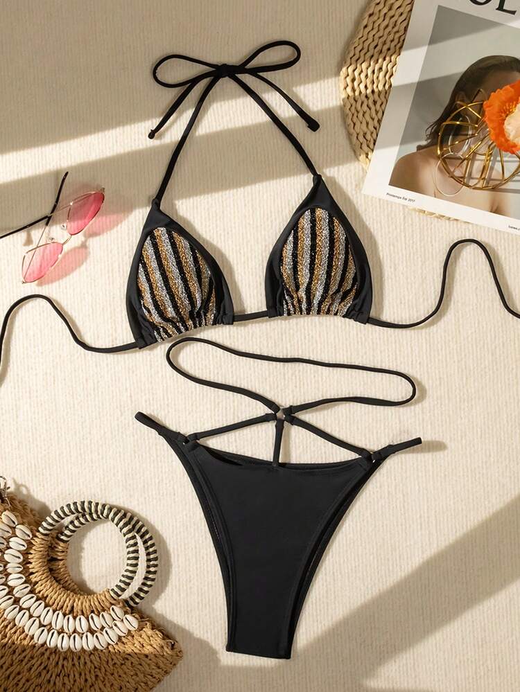 Women's Halter Neck High Leg Cutout Bikini Set With Sparkling Thread Detail Summer Beach