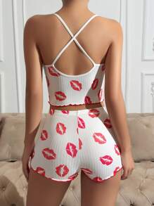 Lip Printed Ruffle Hem Pajama Set White Set