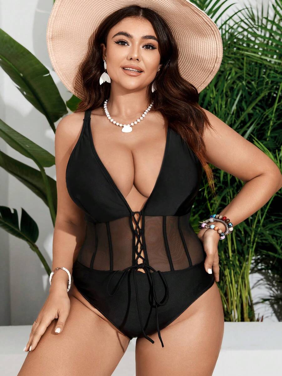 SHEIN VCAY 大尺碼女士網格面板一件式泳衣 - 黑色 - 查看 1