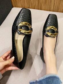 Fashionable Classic Simplistic Snake Skin Women's Flat Shoes With Pointed Toe & Small Buckle Detail - Black - View 8