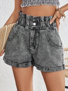 Breezaya Của phụ nữ Eo cao Giấy Cái túi Quần short Denim Với Nghiêng Túi - màu đen - Xem 1