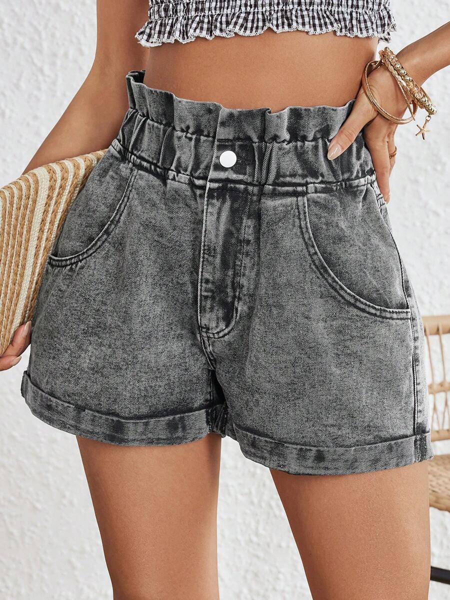 Breezaya Của phụ nữ Eo cao Giấy Cái túi Quần short Denim Với Nghiêng Túi - màu đen - Xem 1