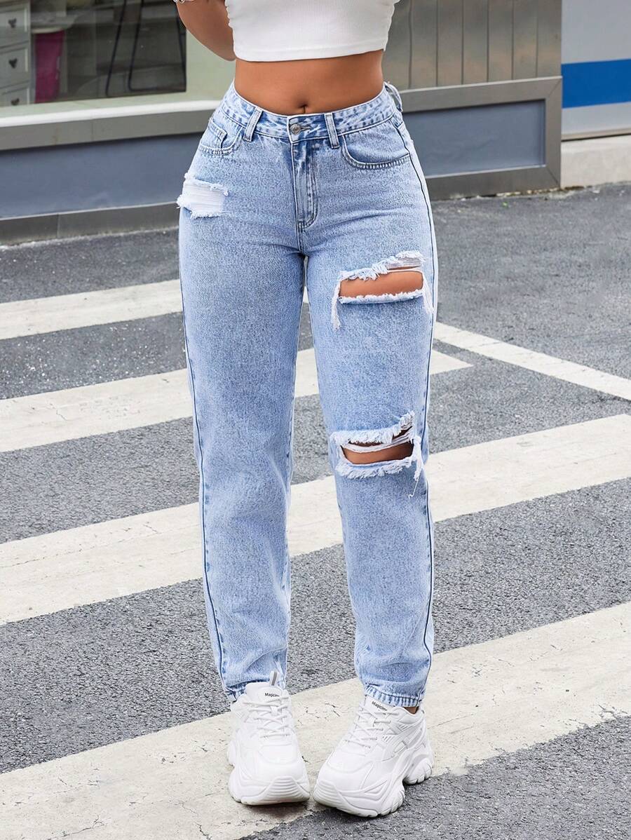 SHEIN ICON Denim mùa giặt Đau khổ Denim Quần jean Tapered - Rửa nhẹ - Xem 1