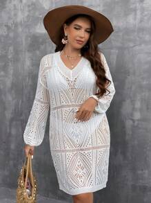 SHEIN Clasi Plus Size Women's Solid Color Hollow Knitted V-Neck Sweater Dress - White - View 2