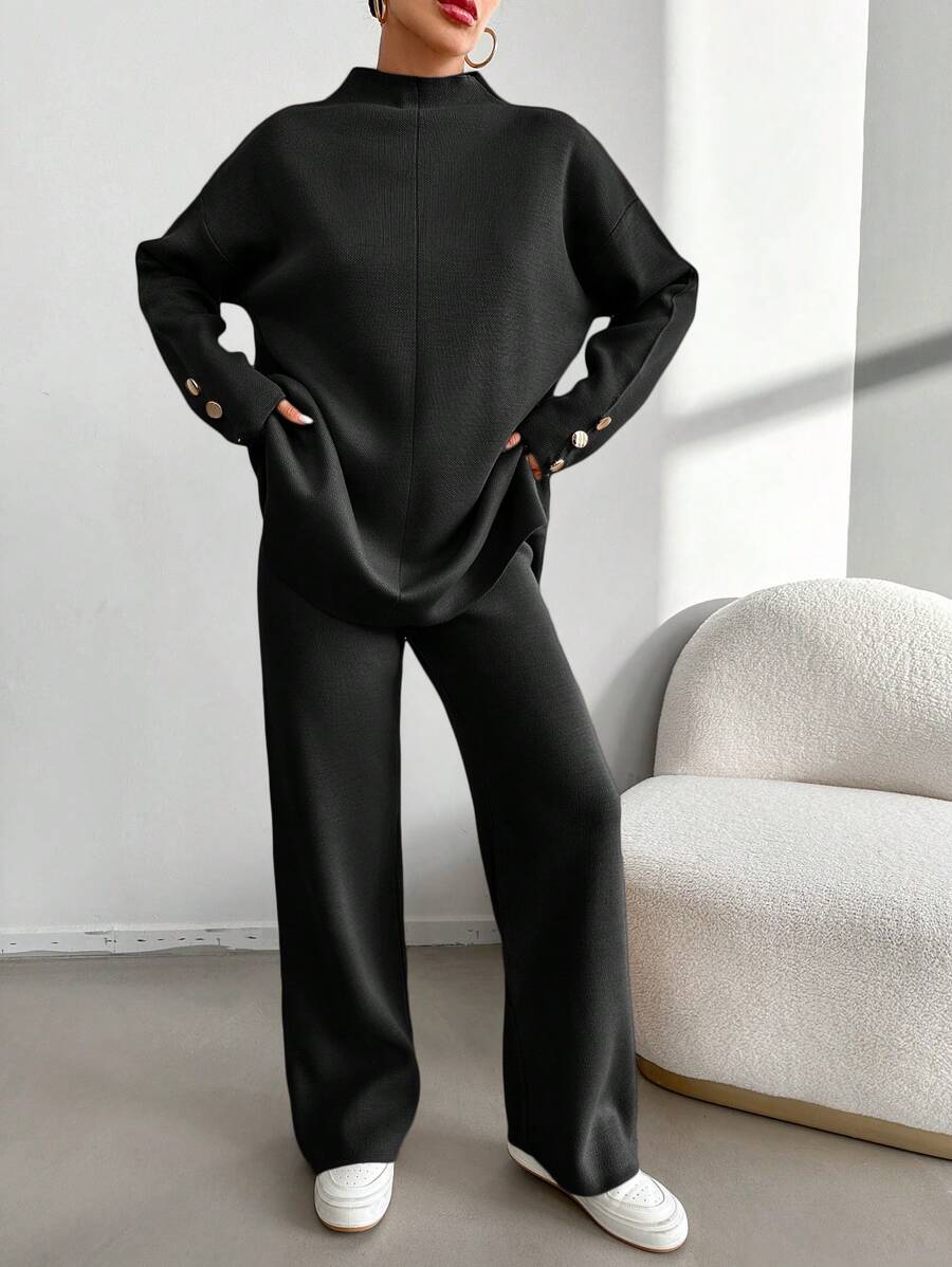 EURMUSE Women's Stand Collar Sweater And Sweater Pants Two-Piece Set - Black - View 1