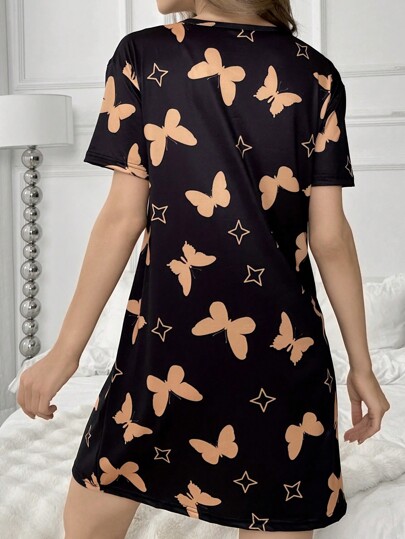 Butterfly Printed Short Sleeve Pajama Nightdress view 2