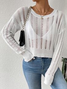 Chiquease Solid Color Hollow Out Knitted Round Neck Sweater With Drop Shoulder