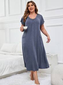 SHEIN Loose And Breathable Plus Size Pajama Night Dress, Long Dress - Navy Blue - View 5