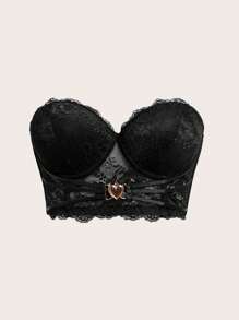 Lace Strapless Bra Decorated With Rhinestone Heart Lingerie - Black - View 1
