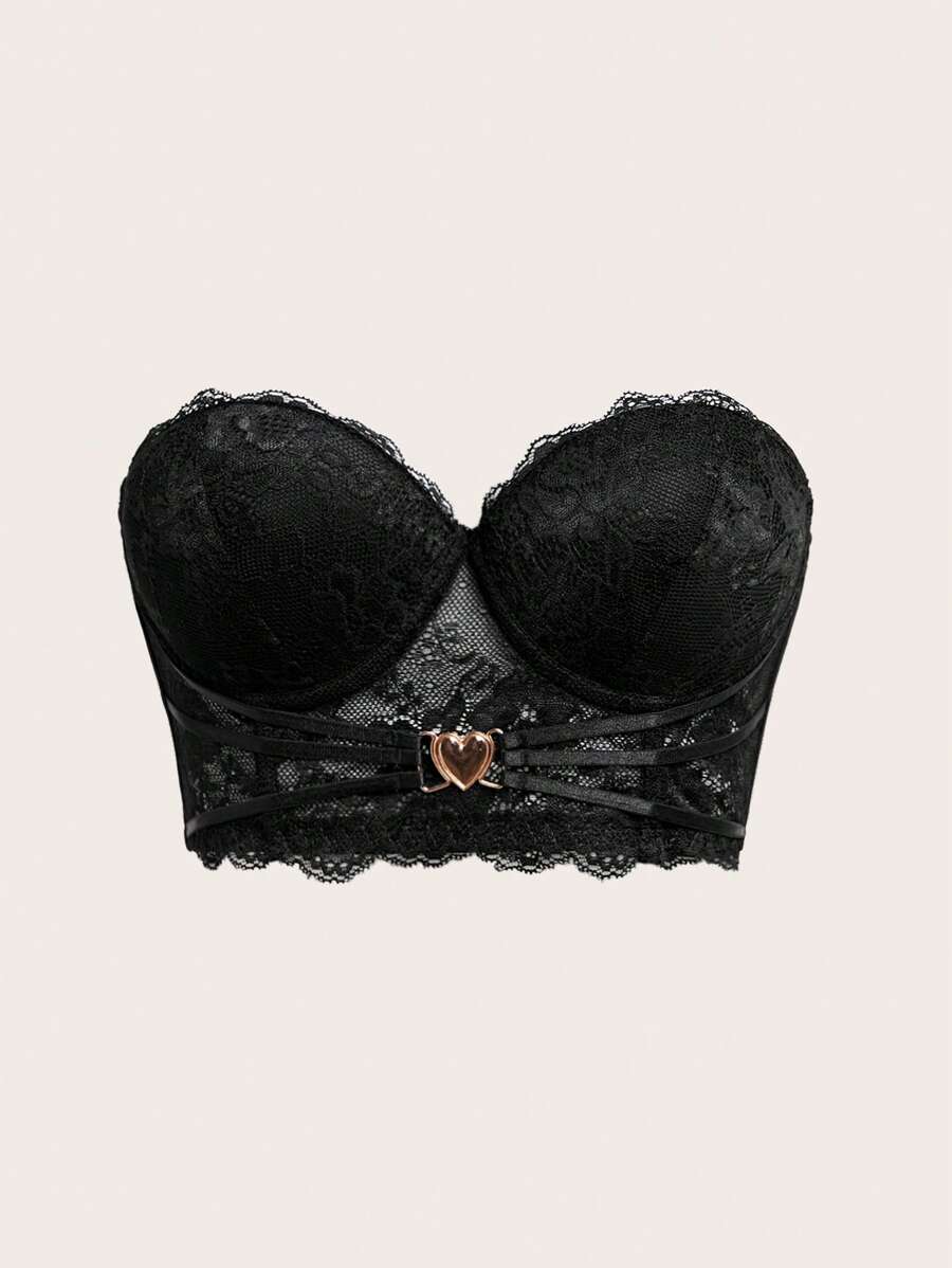 Lace Strapless Bra Decorated With Rhinestone Heart Lingerie - Black - View 1