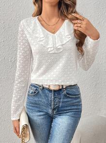 SHEIN Frenchy Ladies' Lace Short Sleeve T-Shirt With Ruffle Hem - White - View 2