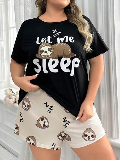 SHEIN طقم بيجاما بأكمام قصيرة بطبعة حيوان كرتوني مقاس كبير للنساء