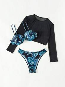 SHEIN Swim Tropical Printed Casual Bikini Set Carnival Summer - Black - View 3