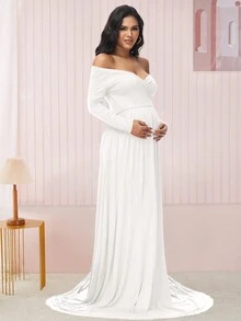 Pregnant Women Open Shoulder Extra Long Maternity Dress For Photography - White - View 6