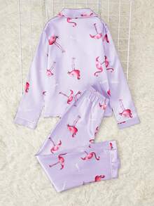 Tween Girls' Flamingo Print Satin Pajama Set - Purple - View 2