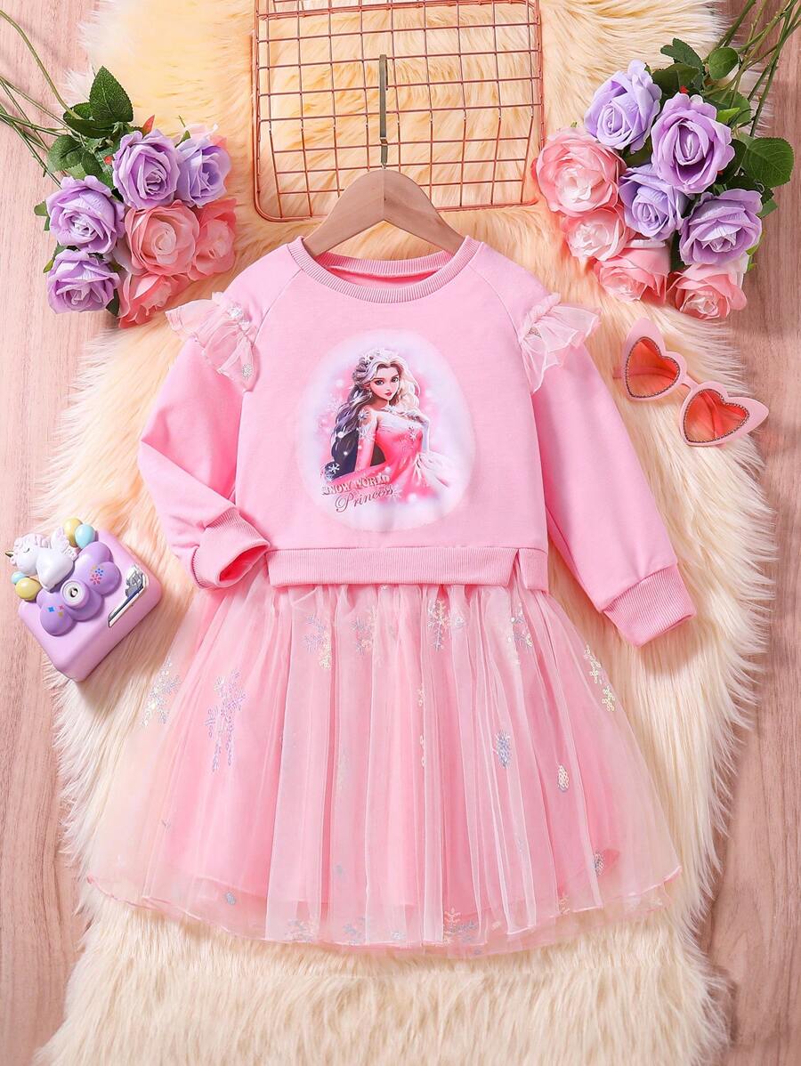 SHEIN Young Girls Printed Character Mesh Contrast Dress With Long Sleeve, For Autumn And Winter - Pink - View 1