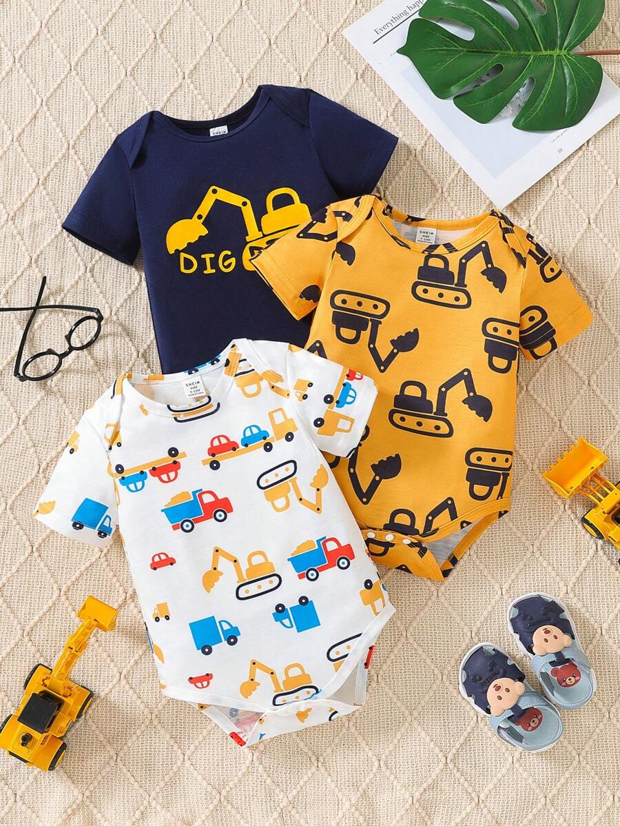 SHEIN Baby Boy 3pcs/Set Cute Excavator & Transportation Pattern Printed Short Sleeve Bodysuit For Spring/Summer, Fun & Casual - Multicolor - View 1