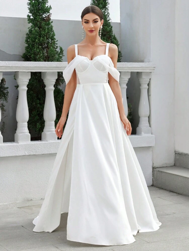 Cup Bodice With Deep Slit, Floor-Length Train And Back Tie Detail Wedding Dress