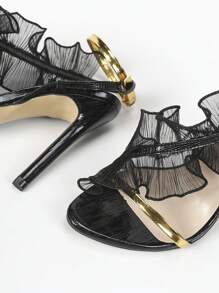 女士蕾絲和花卉修飾圓頭細高跟彩塊涼鞋,性感時尚的派對和宴會高跟涼鞋,黑色 - 黑色 - 查看 5