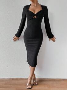 Chiquease Solid Color Slim Fit Hollow Out Dress - Black - View 3
