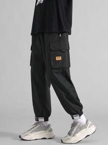 男士春秋翻蓋羅紋下擺工裝褲 - 黑色 - 查看 1