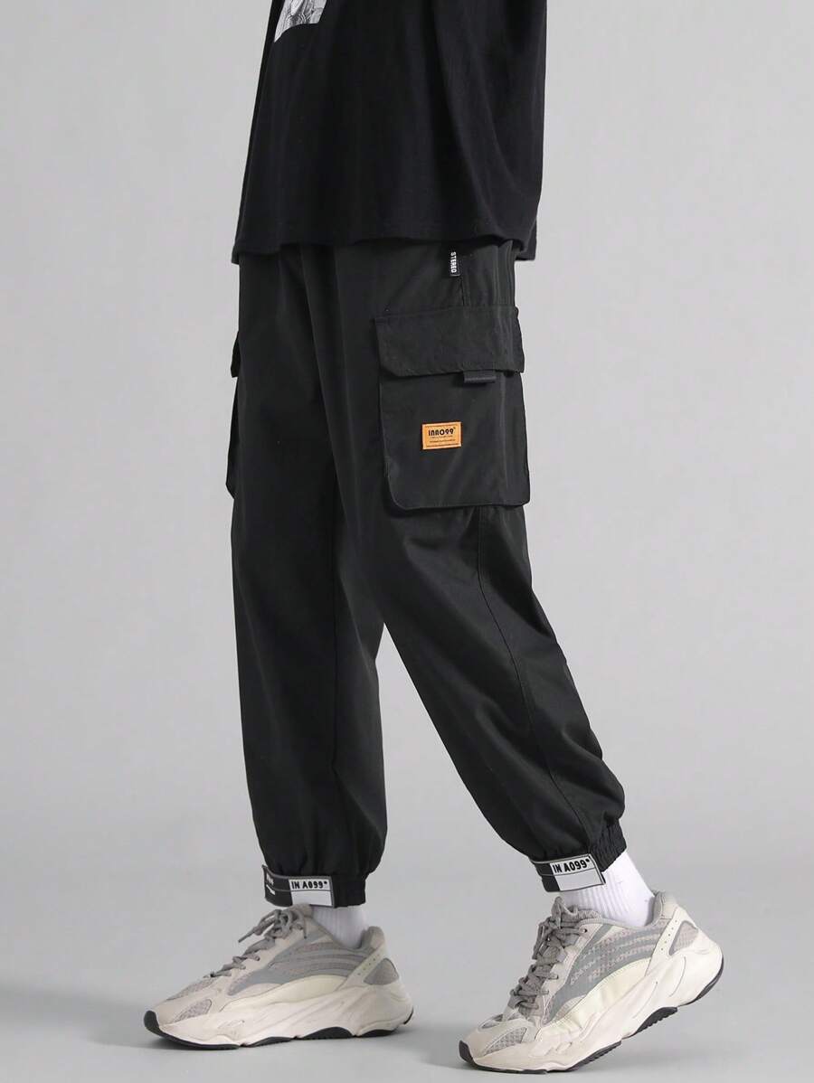 男士春秋翻蓋羅紋下擺工裝褲 - 黑色 - 查看 1