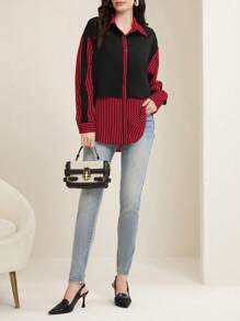 SHEIN Unity Striped Button-Front Shirt With Patchwork Design - Red and Black - View 3