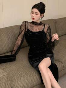 Của phụ nữ Đứng cổ áo Ren Áo & Nhung Dây đeo Mì Ý  Đầm Với Cái nĩa cao Hem Bộ - màu đen - Xem 3