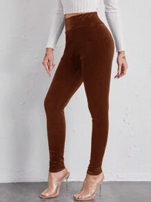 SHEIN Privé 女士高腰麂皮打底褲 - 棕色 - 查看 3