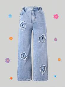 SHEIN Wildeya Tween dziewczynka Modny & Wygodna Szeroka nogawka Dżinsy Z Kwiat Patchwork Haft Dla Ulica Szyk Styl