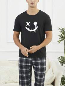 男士短袖家居穿著上衣,印有微笑臉表情圖案 - 黑色 - 查看 1