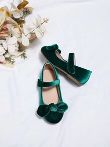 Girls' Velvet Princess Flat Shoes With Bowknot & Low Vamp, Suitable For Daily Wear, Dancing Parties & Winter Season - Green - View 2