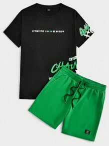 Manfinity VCAY Men Slogan Graphic Tee & Drawstring Waist Shorts - Green - View 1