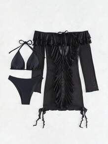 SHEIN Swim Summer Women'S Solid Color Halter Neck Bikini Set With Strap Music Festival - Black - View 4