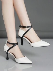 Elegant Pointed Toe Stiletto High Heels With Hollow Out And Strap Buckle, Black-White Patchwork For Women - Multicolor - View 2