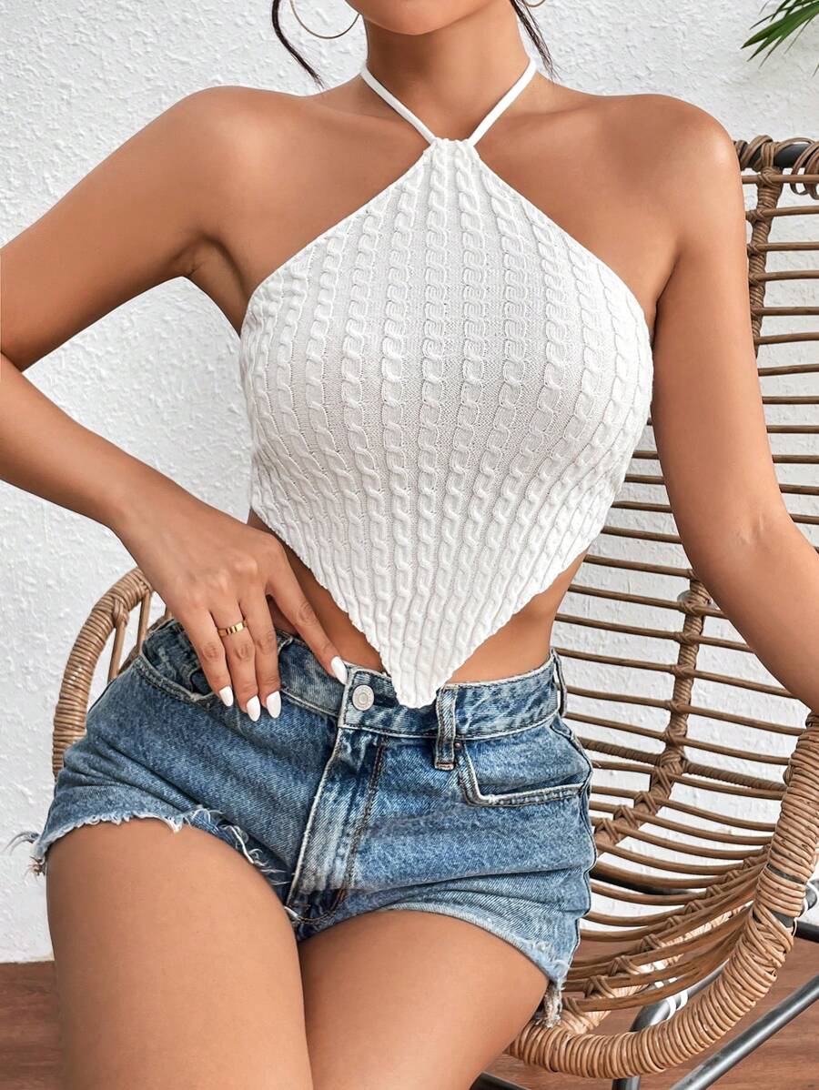 Chiquease Asymmetric Hem Halter Neck Cable Knit Top - Beige - View 1