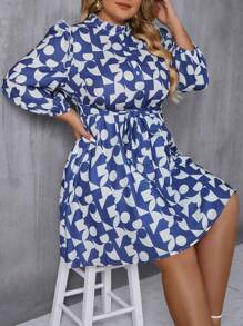 SHEIN Frenchy Plus Size Women's Blue Digital Print Geometric Pattern Belted Dress - Blue and White - View 1