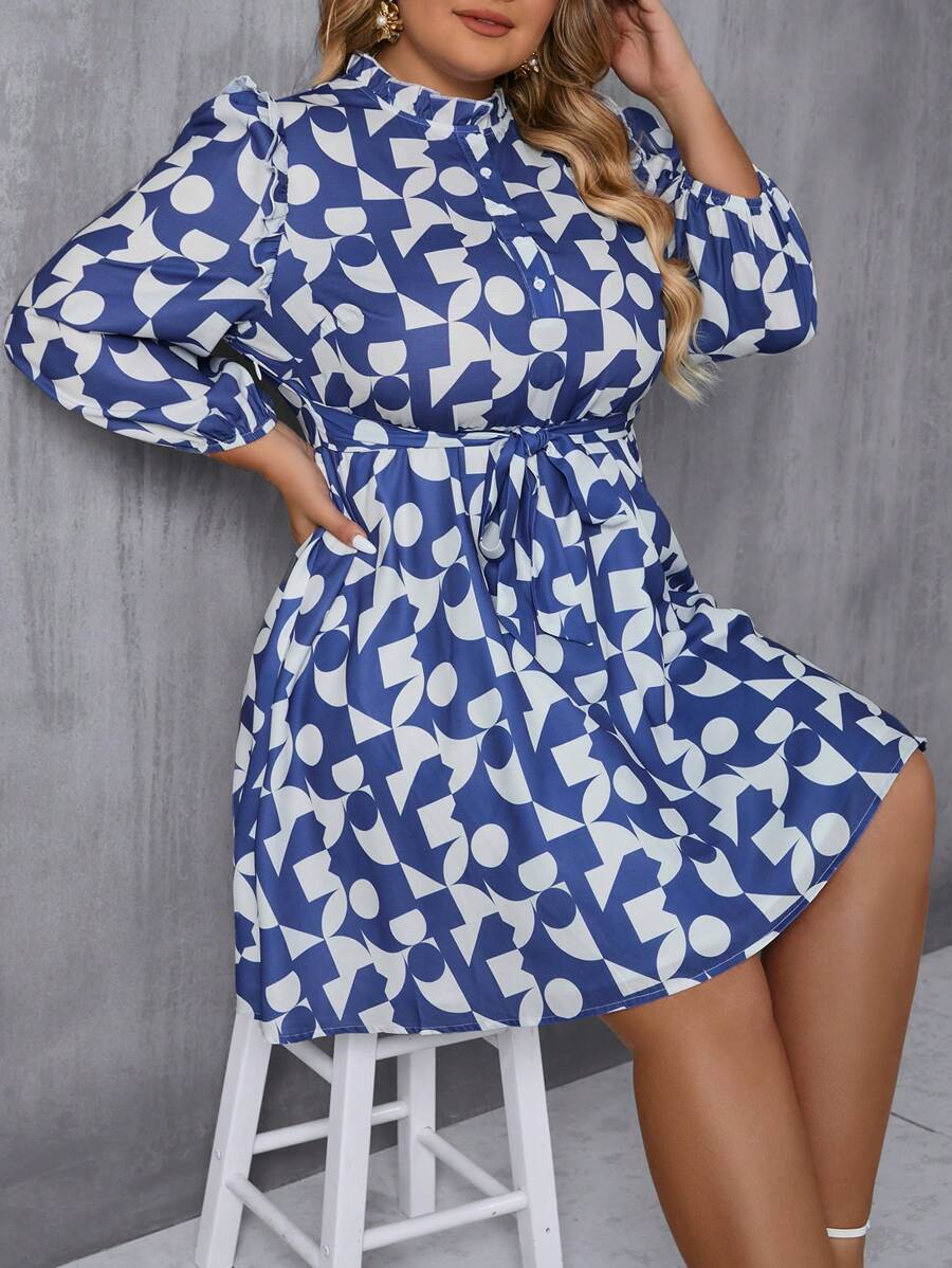 SHEIN Frenchy Plus Size Women's Blue Digital Print Geometric Pattern Belted Dress - Blue and White - View 1