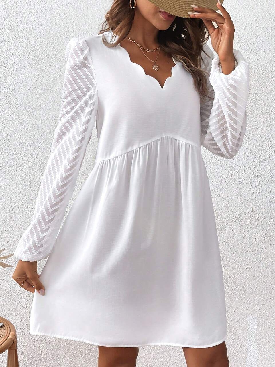 White,Autumn,Elegant,Tea Party,Women's Summer Vacation Wedding Casual Jacquard Tufted V-Neck Long Puff Sleeve Doll Dress Decorated With Shell Trim