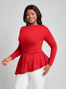 SHEIN Lady Áo thun nữ dài tay có viền bất đối xứng cỡ lớn - Đỏ - Xem 3