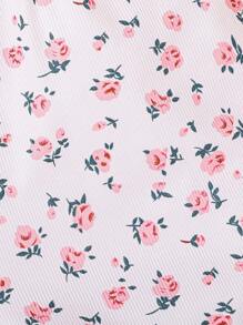 SHEIN Teen Girls' Lace Contrast Color Wave Hem Cami Top And Ditsy Floral Print Shorts Homewear - Pink - View 5