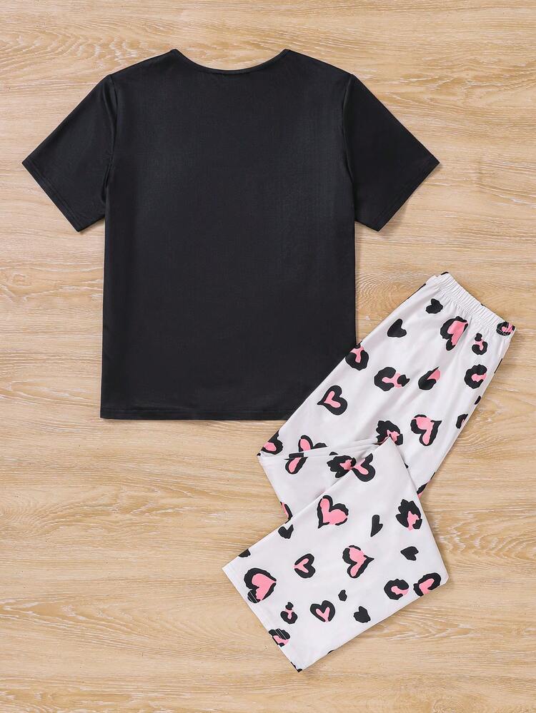 Teen Girls' Heart & English Letter Printed T-Shirt And Pants Pajama Set