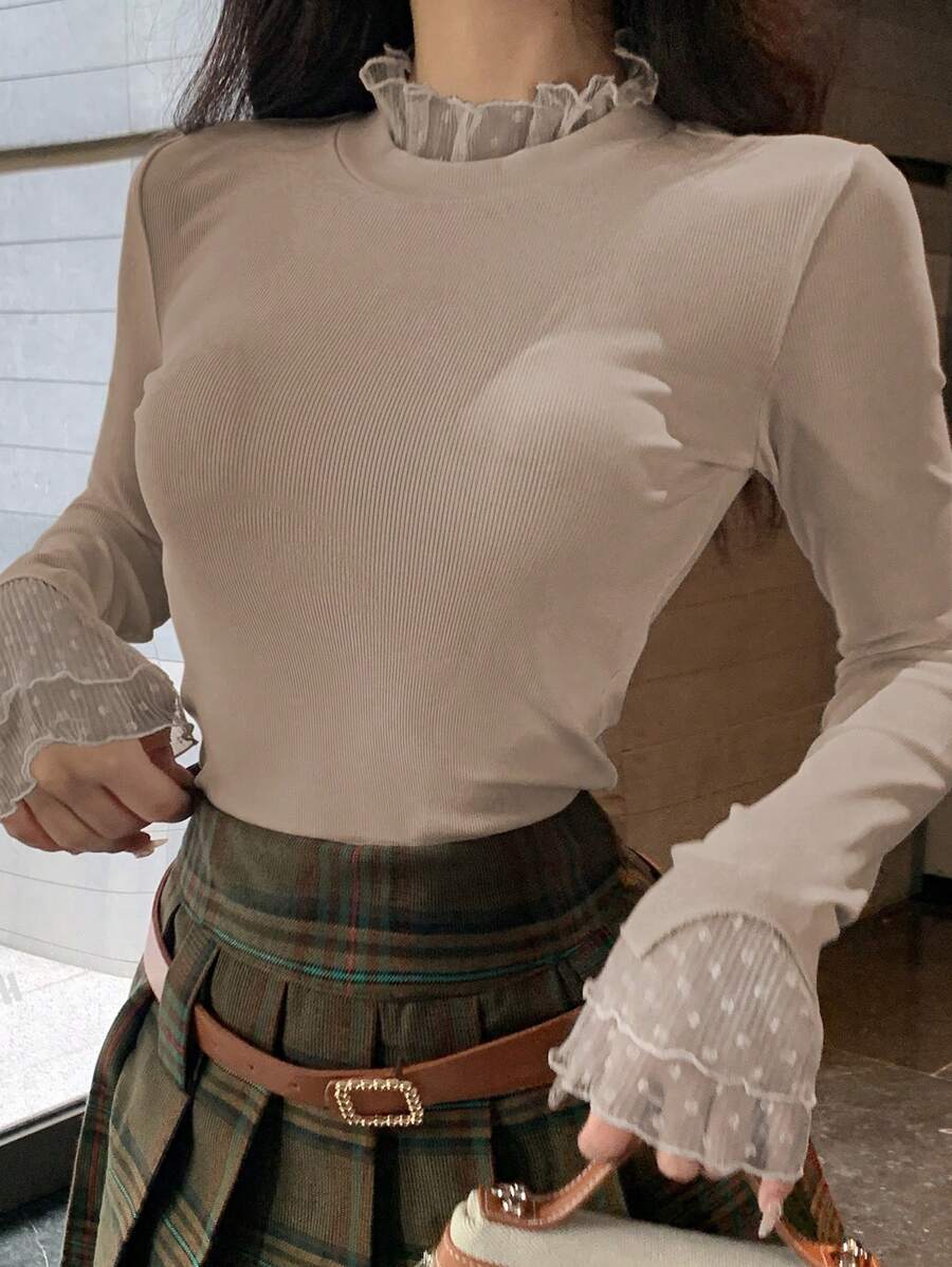 DAZY Women's Long Sleeve Mesh Contrast T-Shirt Going Out Tops - Khaki - View 1