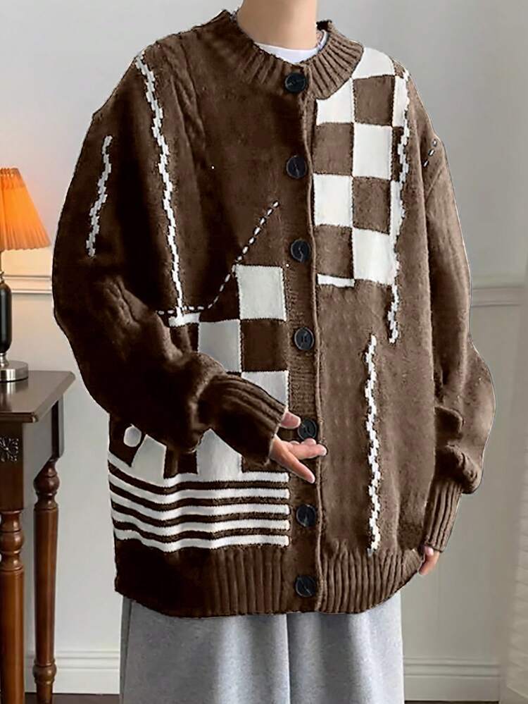 Men's Plaid Pattern Long Sleeve Cardigan