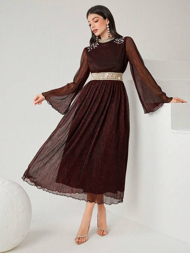 Burgundy Red Women's Pearl Stud & Sequin Splice Flare Sleeve Dress